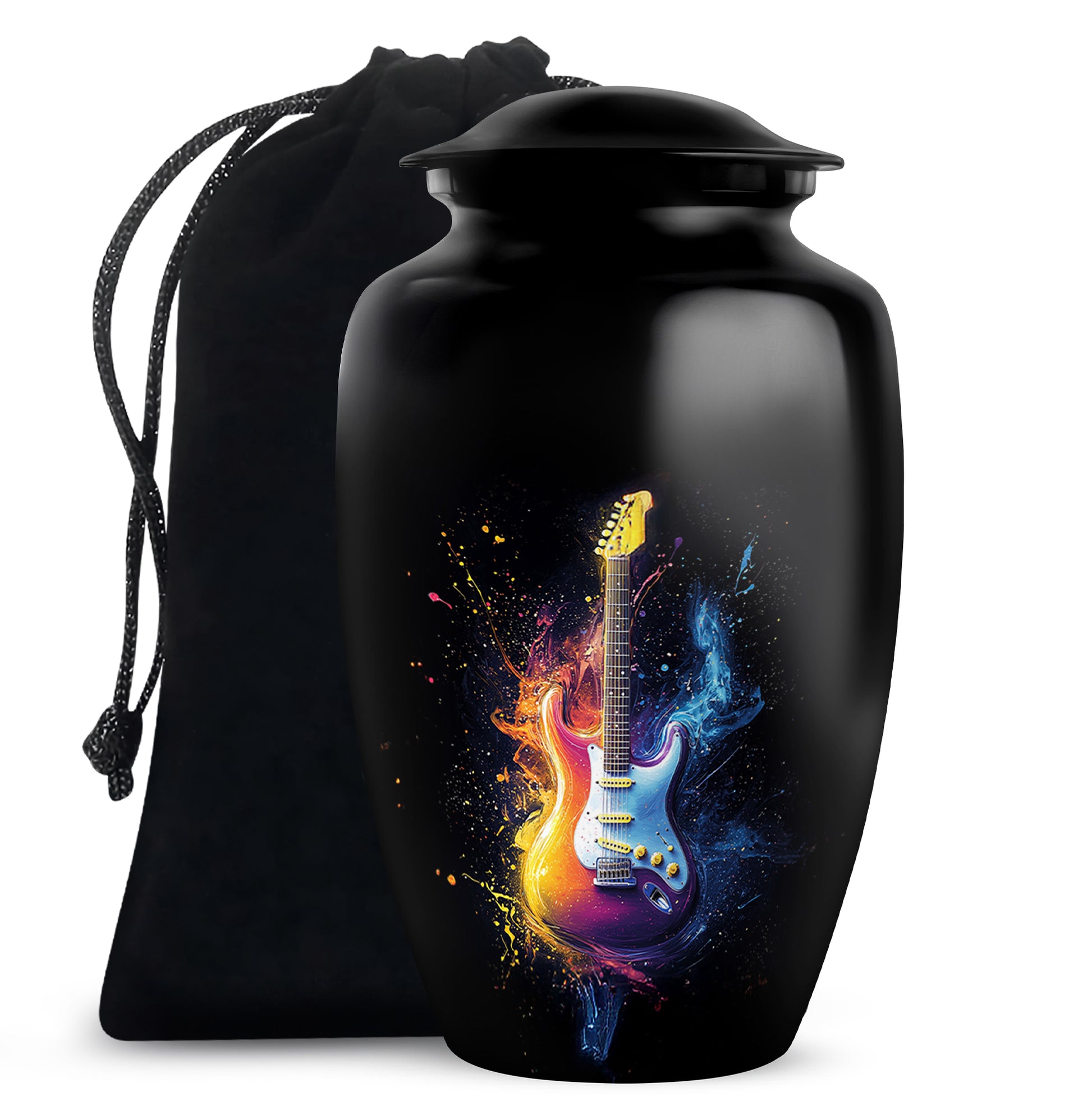 Deep Black Guitar Cremation Urn angled view of lid and engraved motif - timeless guitar motif etched into premium metal - full-size 10 inch 200 cubic inch adult cremation urn