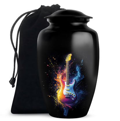 Deep Black Guitar Cremation Urn angled view of lid and engraved motif - timeless guitar motif etched into premium metal - full-size 10 inch 200 cubic inch adult cremation urn