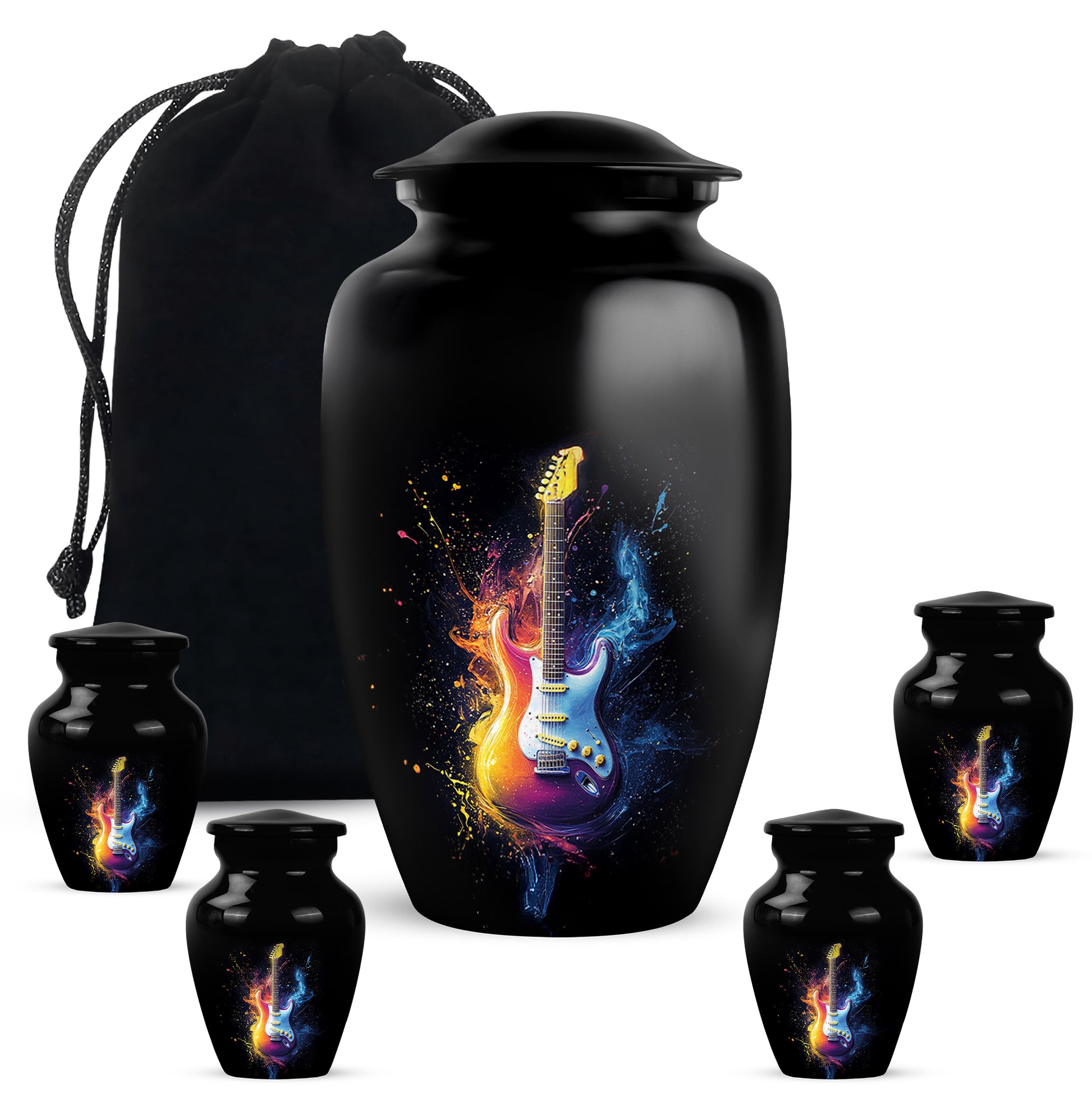Dark Black Guitar Cremation Urn top-down view of secure threaded lid - elegant classic guitar relief with fine detailing - memorial set with one large and four small urns