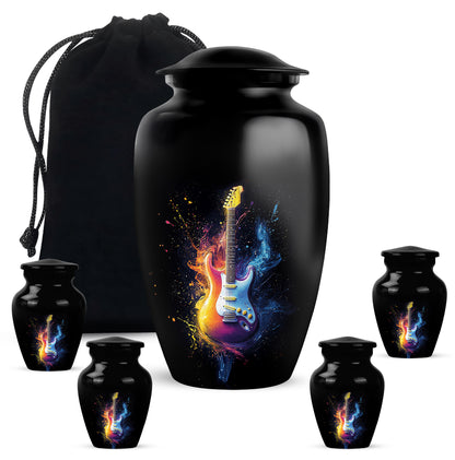 Dark Black Guitar Cremation Urn top-down view of secure threaded lid - elegant classic guitar relief with fine detailing - memorial set with one large and four small urns