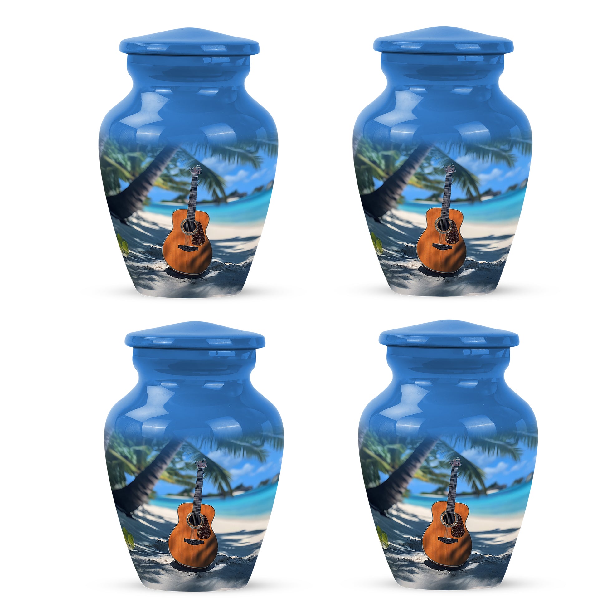 Dusty Blue Guitar Cremation Urn side profile showing urn shape - classic sculpted guitar pattern on smooth aluminum - 10 inch aluminum urn for cremated remains