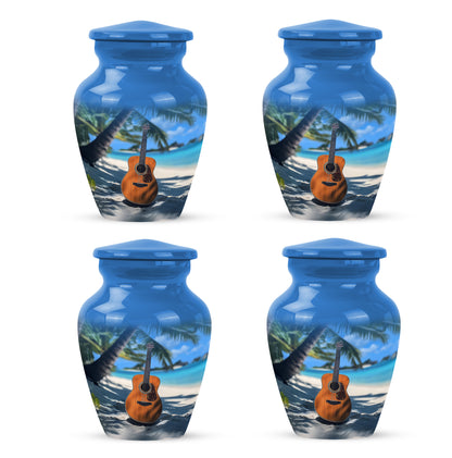 Dusty Blue Guitar Cremation Urn side profile showing urn shape - classic sculpted guitar pattern on smooth aluminum - 10 inch aluminum urn for cremated remains