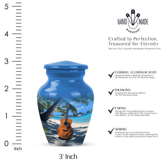 Powder Blue Guitar Cremation Urn close-up of engraving and surface detail - classic sculpted guitar pattern on smooth aluminum - mini keepsake memorial for portion of cremation ashes