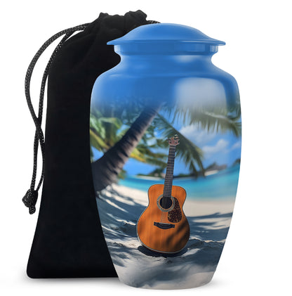 Azure Guitar Cremation Urn angled view of lid and engraved motif - timeless guitar motif etched into premium metal - full-size 10 inch 200 cubic inch adult cremation urn