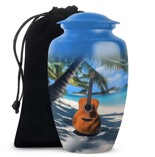 Azure Guitar Cremation Urn angled view of lid and engraved motif - timeless guitar motif etched into premium metal - full-size 10 inch 200 cubic inch adult cremation urn