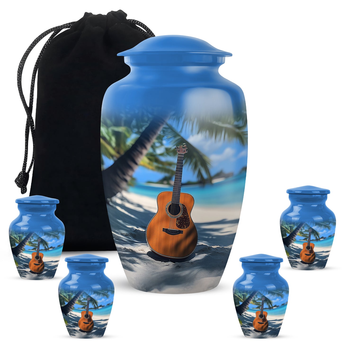 Steel Blue Guitar Cremation Urn top-down view of secure threaded lid - traditional guitar engraving with hand-polished finish - memorial set with one large and four small urns