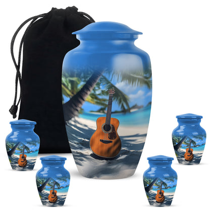 Steel Blue Guitar Cremation Urn top-down view of secure threaded lid - traditional guitar engraving with hand-polished finish - memorial set with one large and four small urns