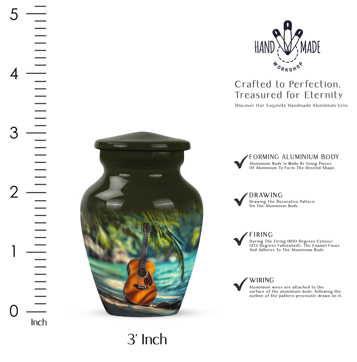 Harvest Gold Guitar Cremation Urn close-up of engraving and surface detail - elegant classic guitar relief with fine detailing - mini keepsake memorial for portion of cremation ashes