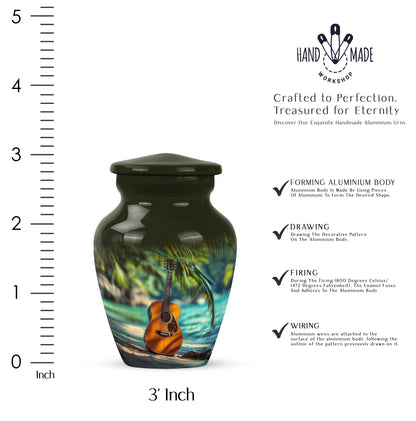 Harvest Gold Guitar Cremation Urn close-up of engraving and surface detail - elegant classic guitar relief with fine detailing - mini keepsake memorial for portion of cremation ashes