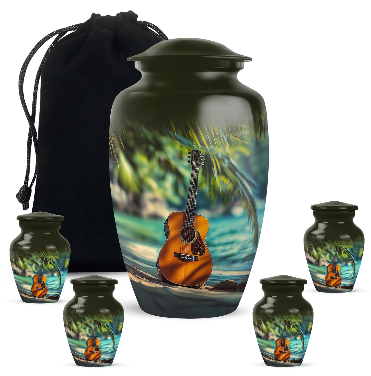 Sunrise Gold Guitar Cremation Urn top-down view of secure threaded lid - classic sculpted guitar pattern on smooth aluminum - memorial set with one large and four small urns
