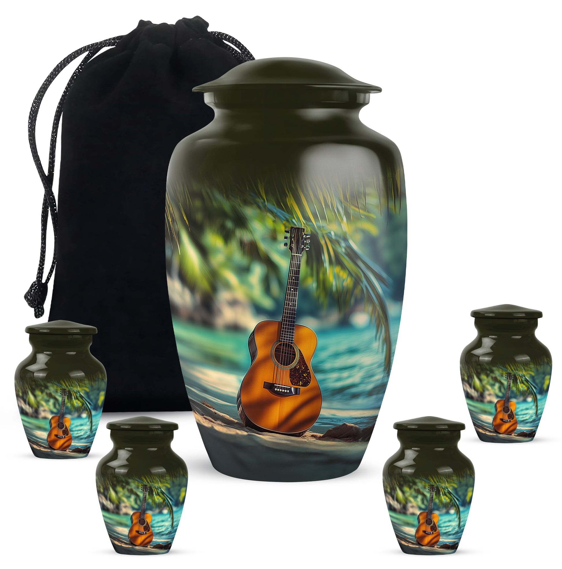Sunrise Gold Guitar Cremation Urn top-down view of secure threaded lid - classic sculpted guitar pattern on smooth aluminum - memorial set with one large and four small urns