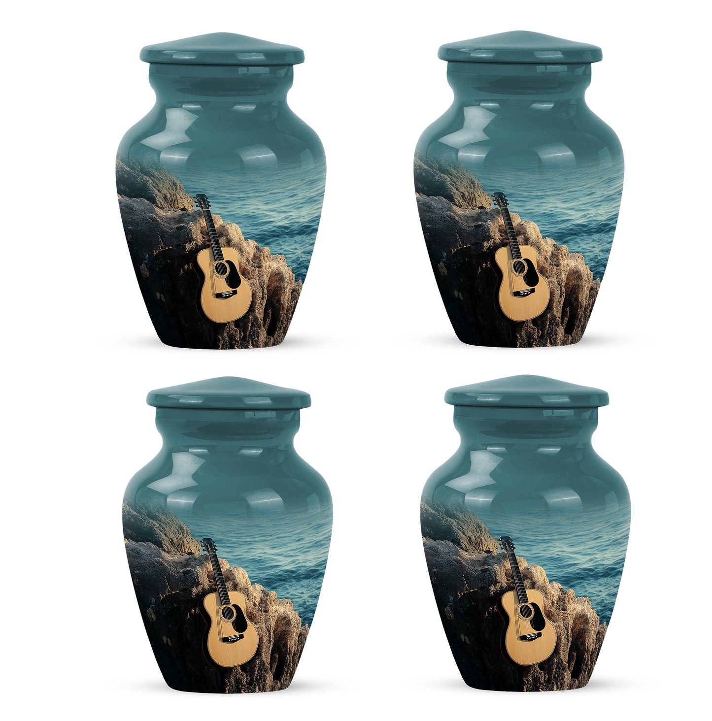 Cool Teal Guitar Cremation Urn side profile showing urn shape - classic sculpted guitar pattern on smooth aluminum - 10 inch aluminum urn for cremated remains