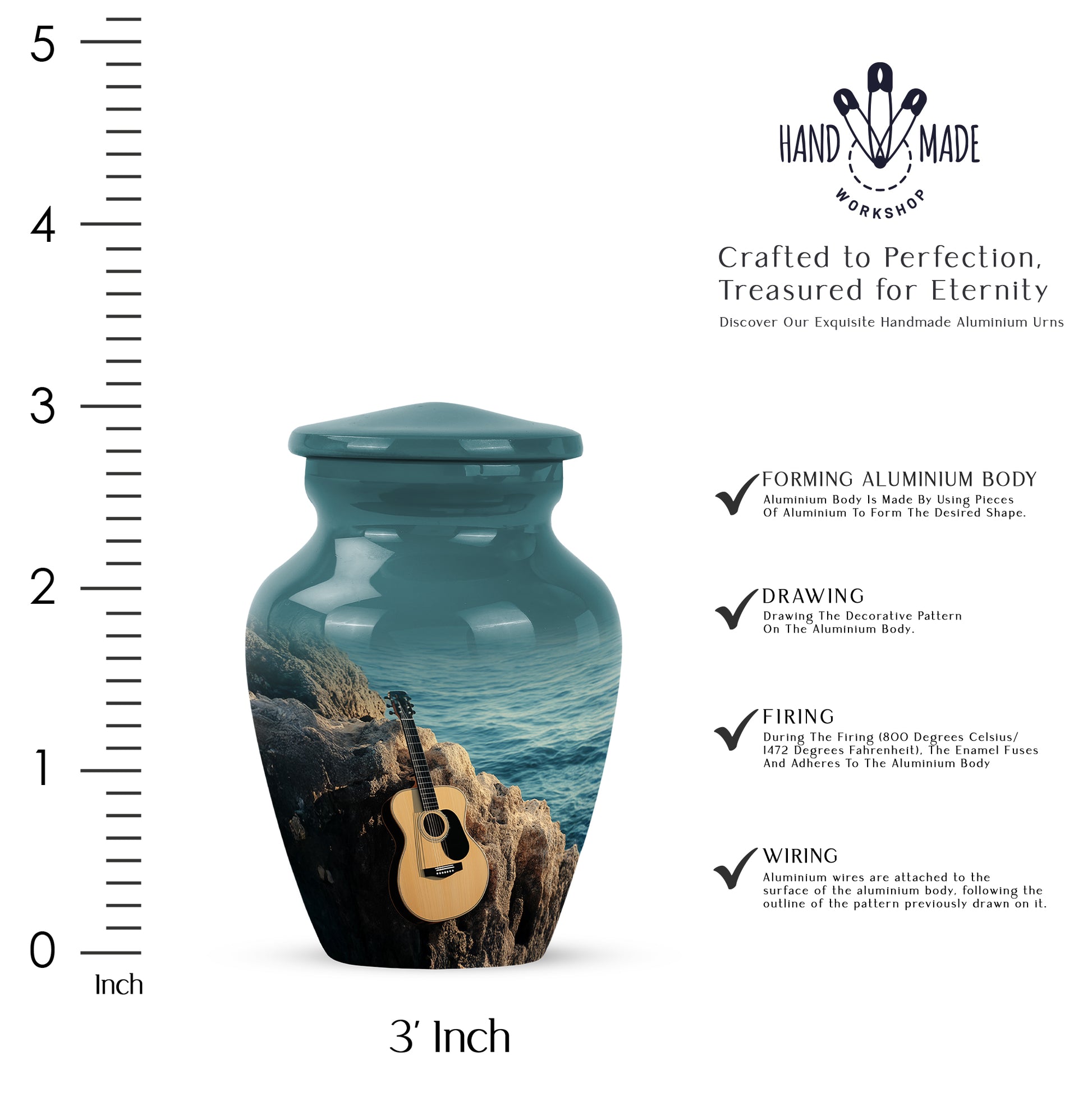 Sea Green Teal Guitar Cremation Urn close-up of engraving and surface detail - timeless guitar motif etched into premium metal - mini keepsake memorial for portion of cremation ashes