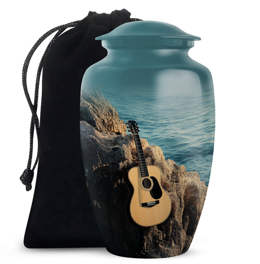 Deep Teal Guitar Cremation Urn angled view of lid and engraved motif - traditional guitar engraving with hand-polished finish - full-size 10 inch 200 cubic inch adult cremation urn