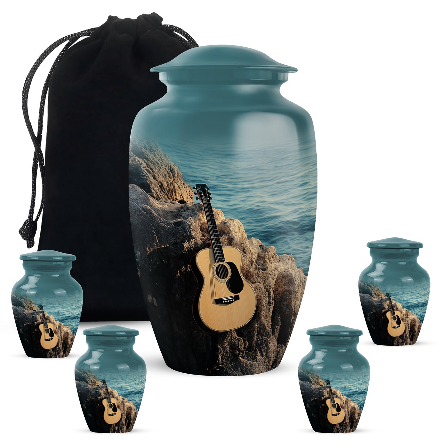 Jewel Teal Guitar Cremation Urn top-down view of secure threaded lid - timeless guitar motif etched into premium metal - memorial set with one large and four small urns