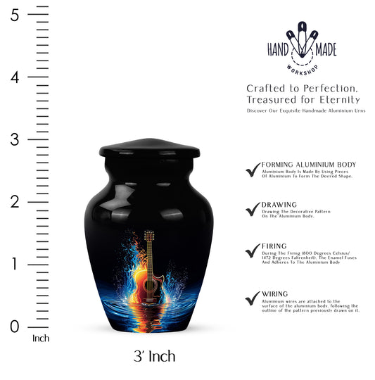 Midnight Black Guitar Cremation Urn close-up of engraving and surface detail - elegant classic guitar relief with fine detailing - mini keepsake memorial for portion of cremation ashes