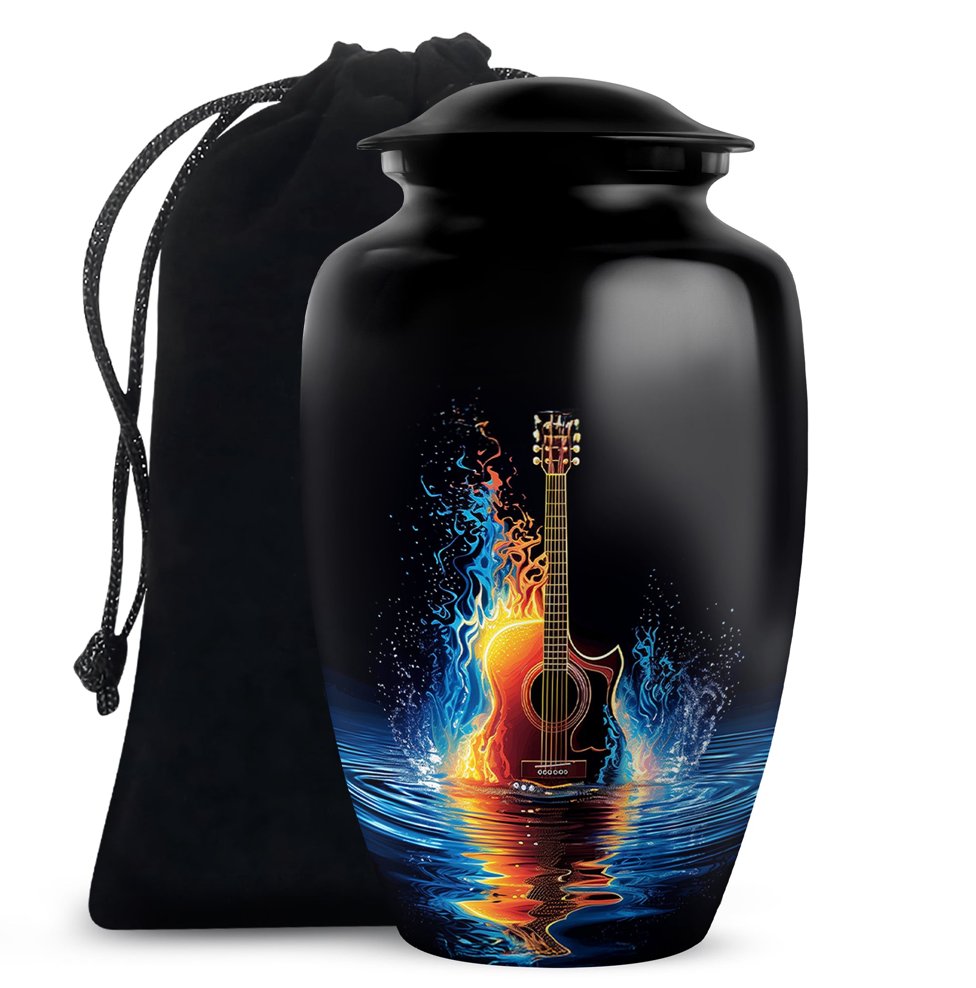 Rich Black Guitar Cremation Urn angled view of lid and engraved motif - timeless guitar motif etched into premium metal - full-size 10 inch 200 cubic inch adult cremation urn