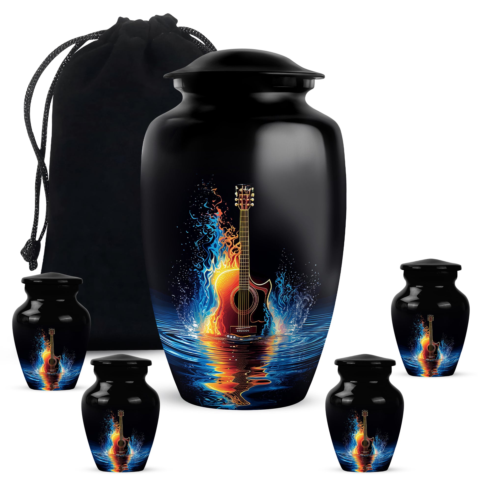 Ebony Guitar Cremation Urn top-down view of secure threaded lid - classic sculpted guitar pattern on smooth aluminum - memorial set with one large and four small urns