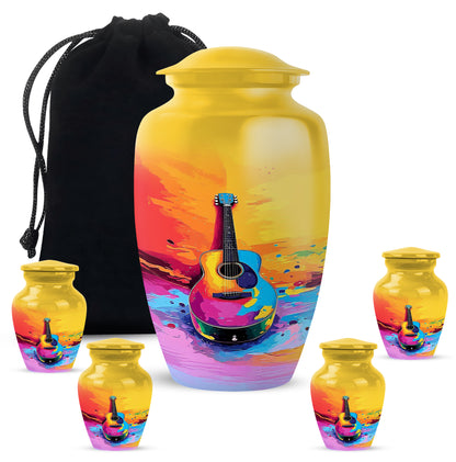 Sunrise Gold Guitar Cremation Urn top-down view of secure threaded lid - classic sculpted guitar pattern on smooth aluminum - memorial set with one large and four small urns