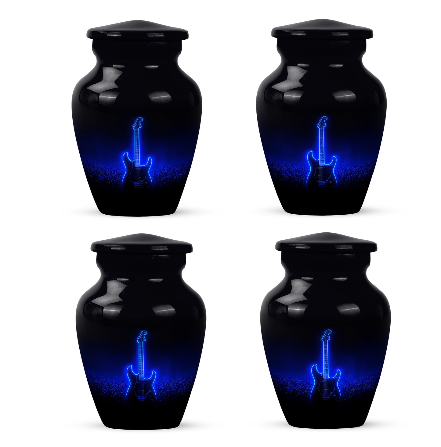 Deep Black Guitar Cremation Urn side profile showing urn shape - timeless guitar motif etched into premium metal - 10 inch aluminum urn for cremated remains