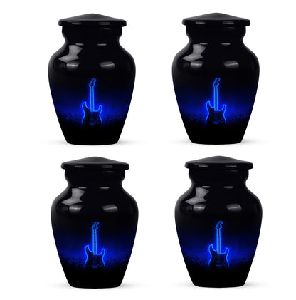 Deep Black Guitar Cremation Urn side profile showing urn shape - timeless guitar motif etched into premium metal - 10 inch aluminum urn for cremated remains