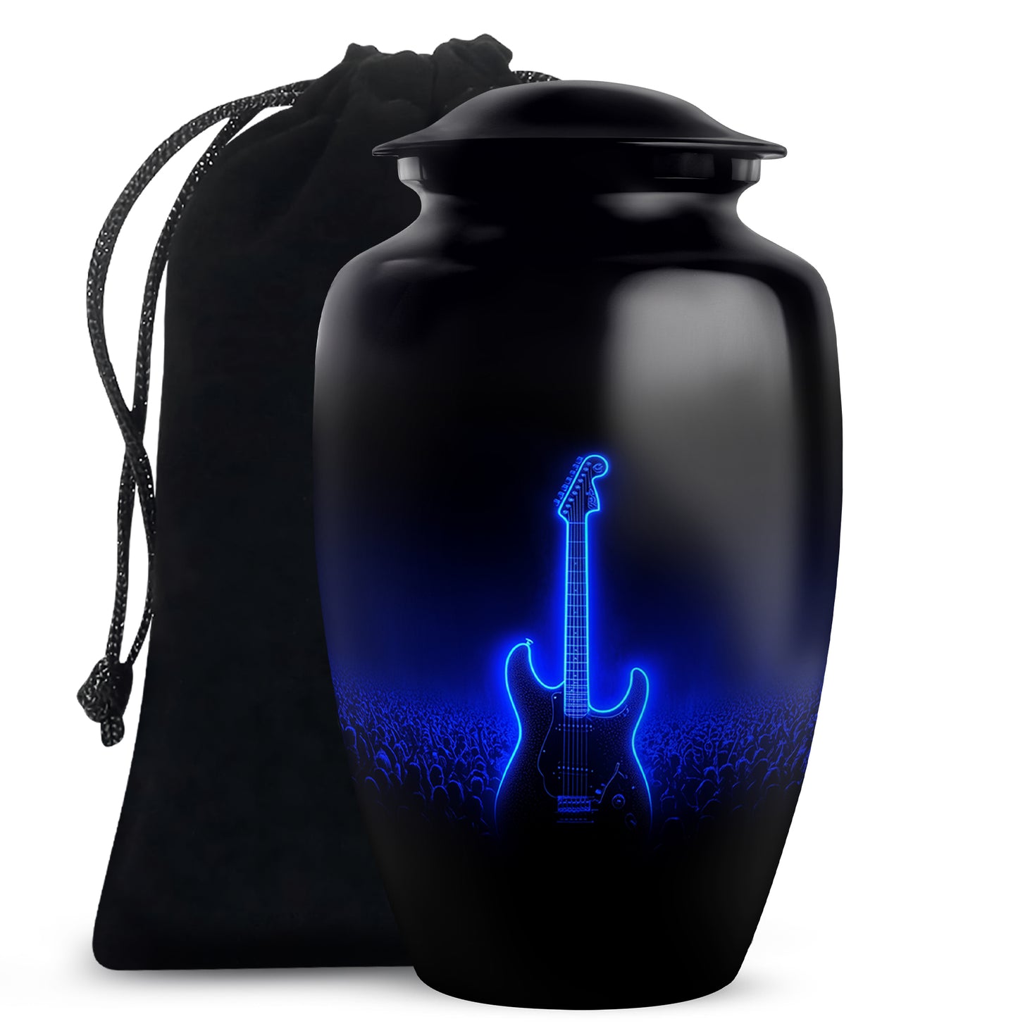 Obsidian Black Guitar Cremation Urn angled view of lid and engraved motif - elegant classic guitar relief with fine detailing - full-size 10 inch 200 cubic inch adult cremation urn