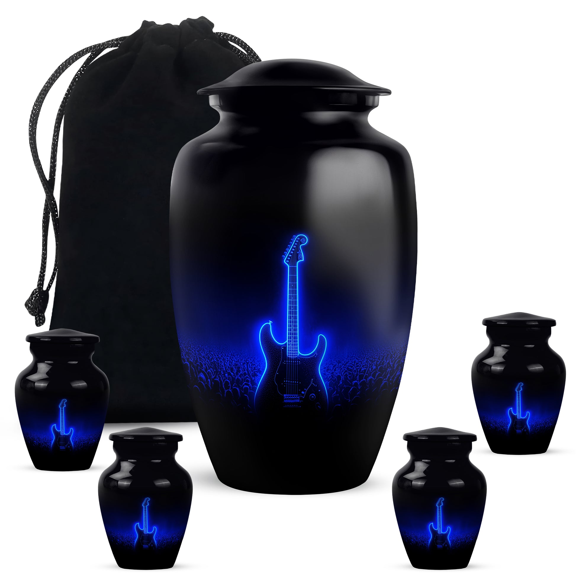 Rich Black Guitar Cremation Urn top-down view of secure threaded lid - timeless guitar motif etched into premium metal - memorial set with one large and four small urns