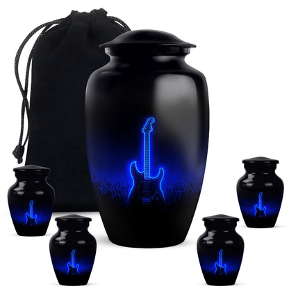 Rich Black Guitar Cremation Urn top-down view of secure threaded lid - timeless guitar motif etched into premium metal - memorial set with one large and four small urns