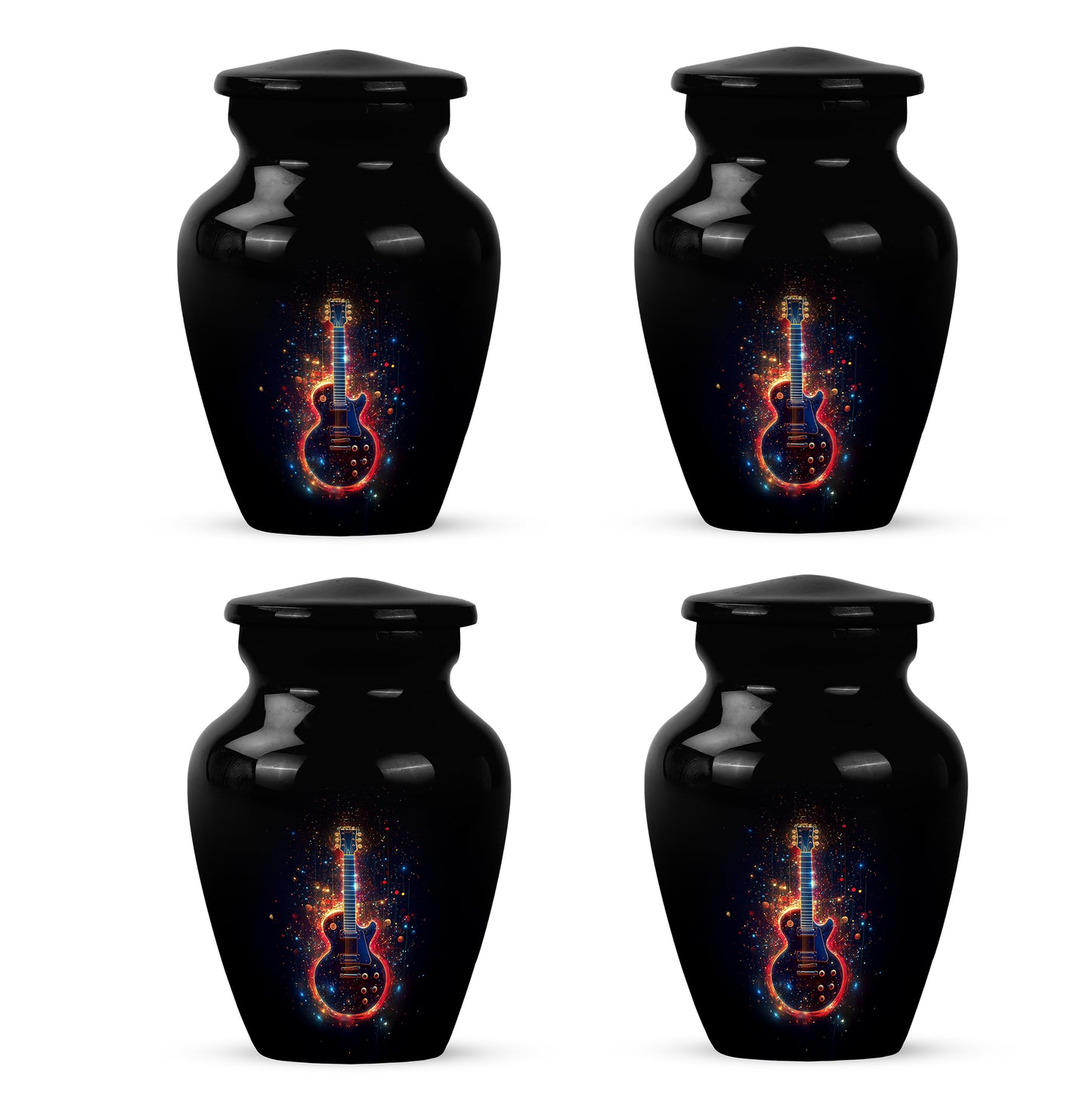 Ebony Guitar Cremation Urn side profile showing urn shape - classic sculpted guitar pattern on smooth aluminum - 10 inch aluminum urn for cremated remains