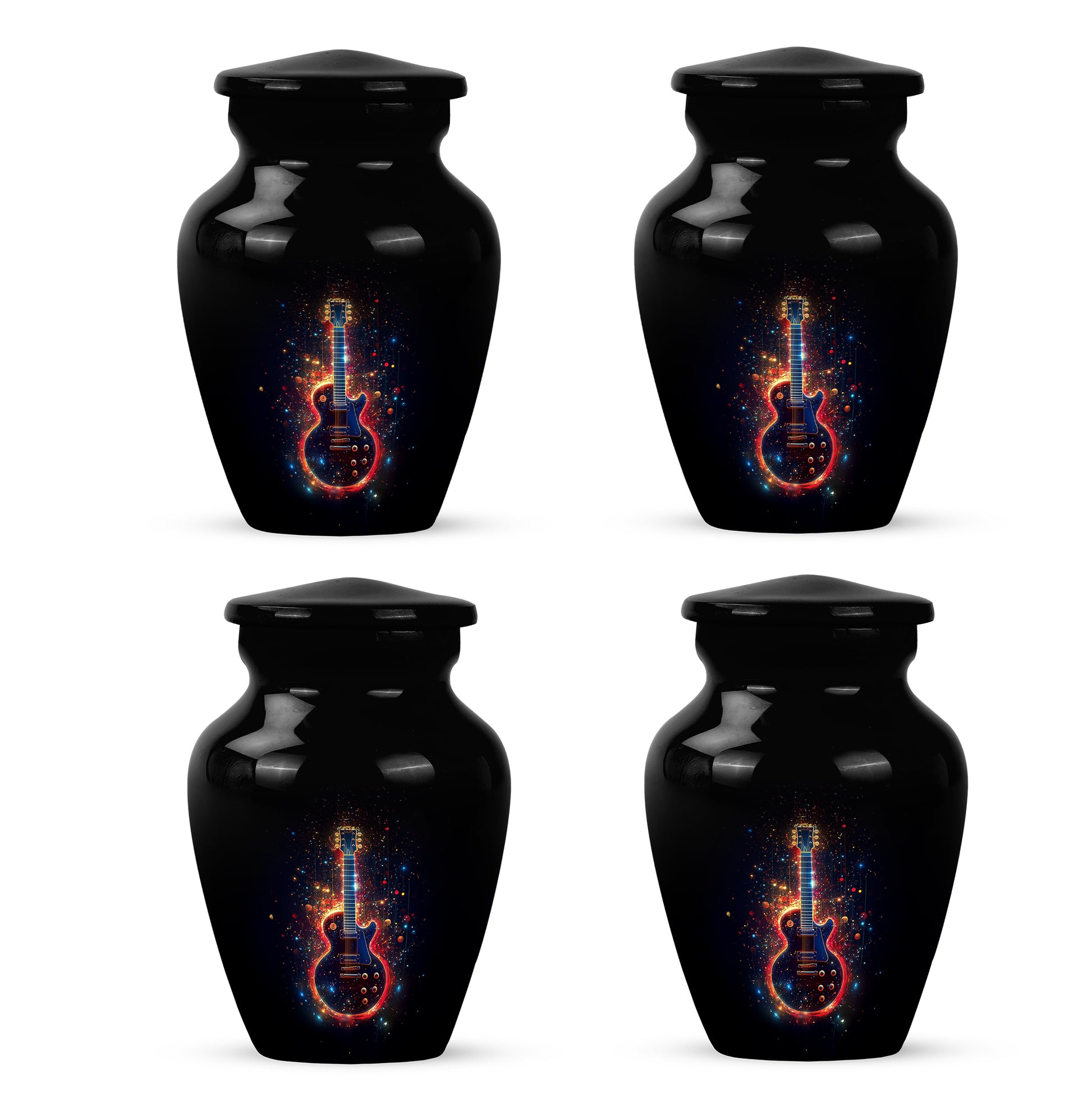 Ebony Guitar Cremation Urn side profile showing urn shape - classic sculpted guitar pattern on smooth aluminum - 10 inch aluminum urn for cremated remains