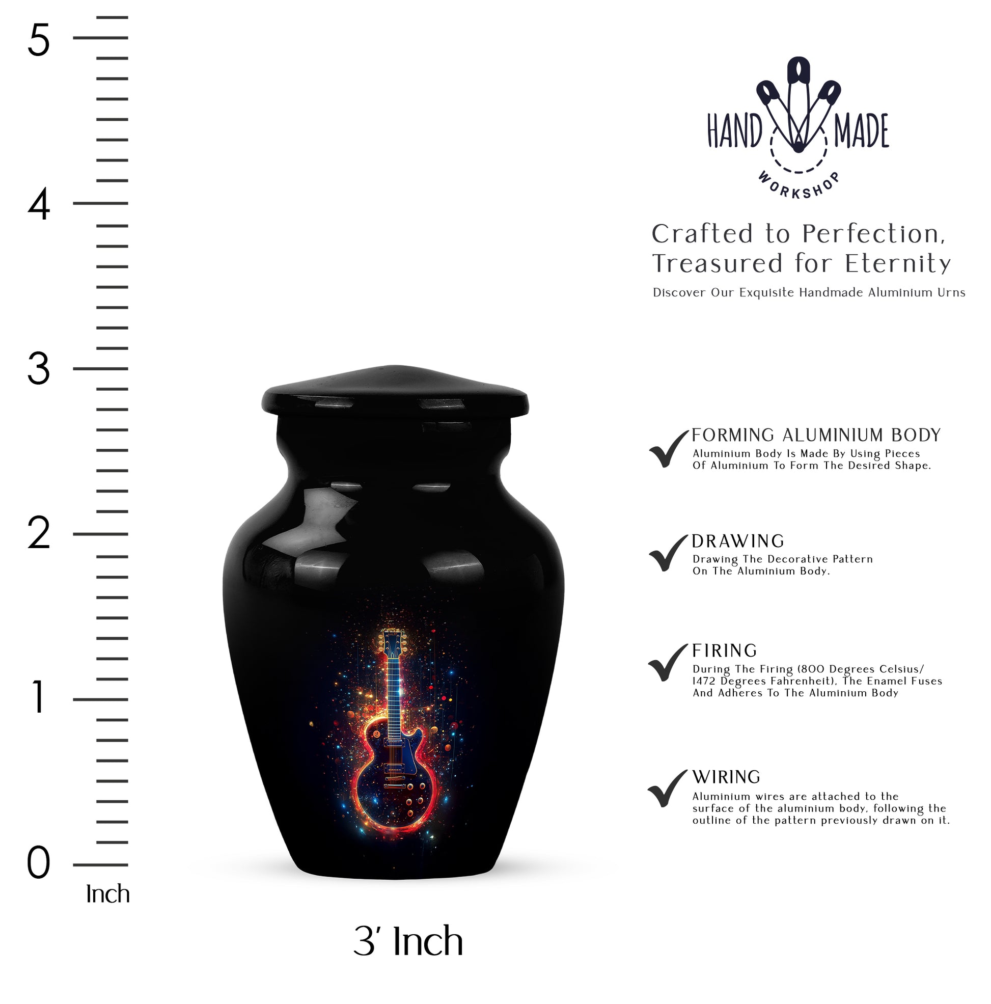 Jet Black Guitar Cremation Urn close-up of engraving and surface detail - classic sculpted guitar pattern on smooth aluminum - mini keepsake memorial for portion of cremation ashes