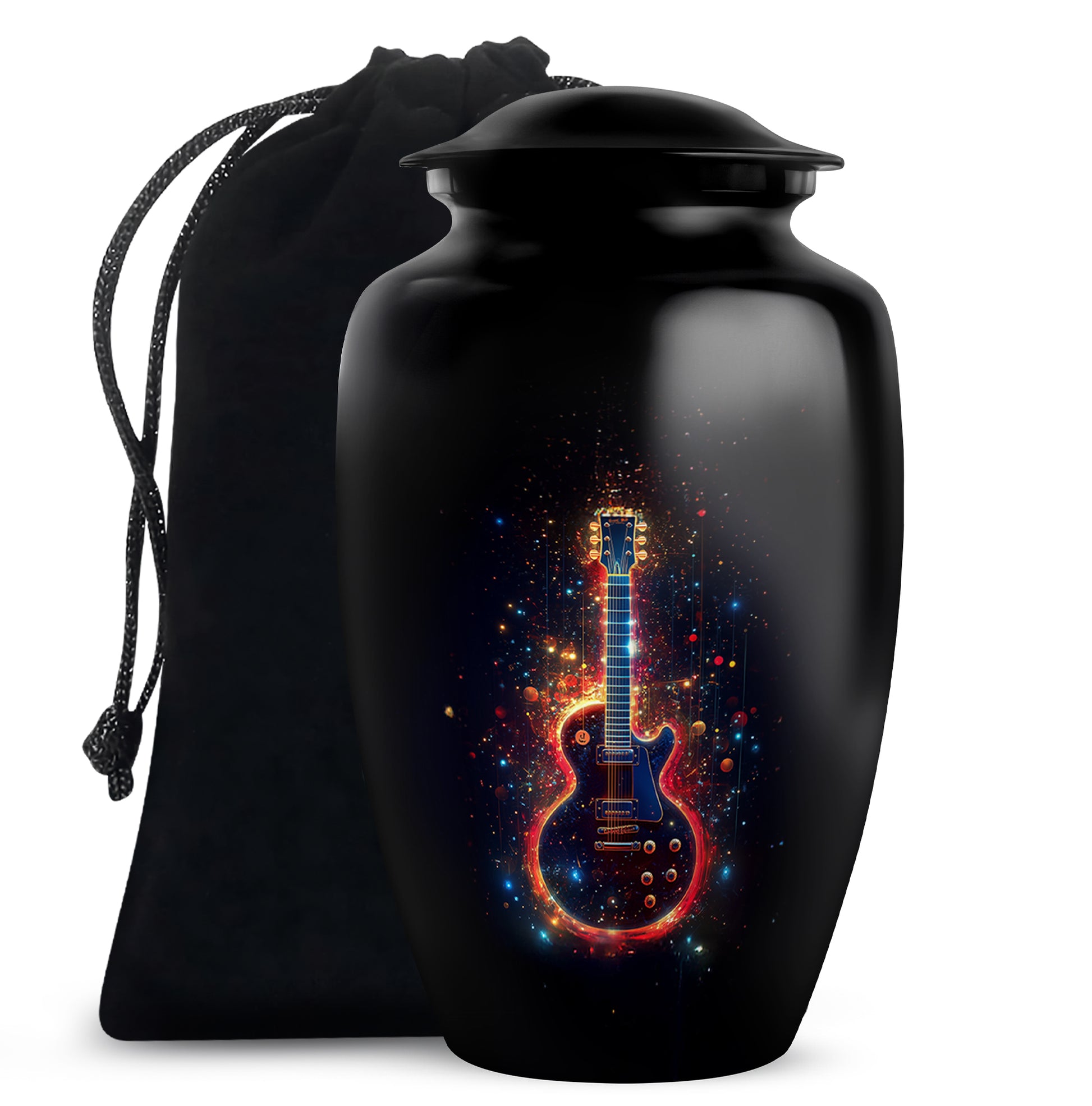 Dark Black Guitar Cremation Urn angled view of lid and engraved motif - traditional guitar engraving with hand-polished finish - full-size 10 inch 200 cubic inch adult cremation urn