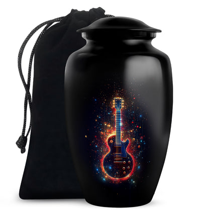 Dark Black Guitar Cremation Urn angled view of lid and engraved motif - traditional guitar engraving with hand-polished finish - full-size 10 inch 200 cubic inch adult cremation urn