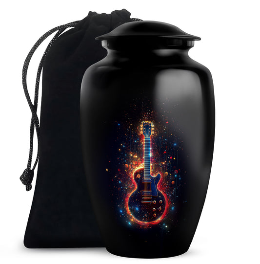 Dark Black Guitar Cremation Urn angled view of lid and engraved motif - traditional guitar engraving with hand-polished finish - full-size 10 inch 200 cubic inch adult cremation urn