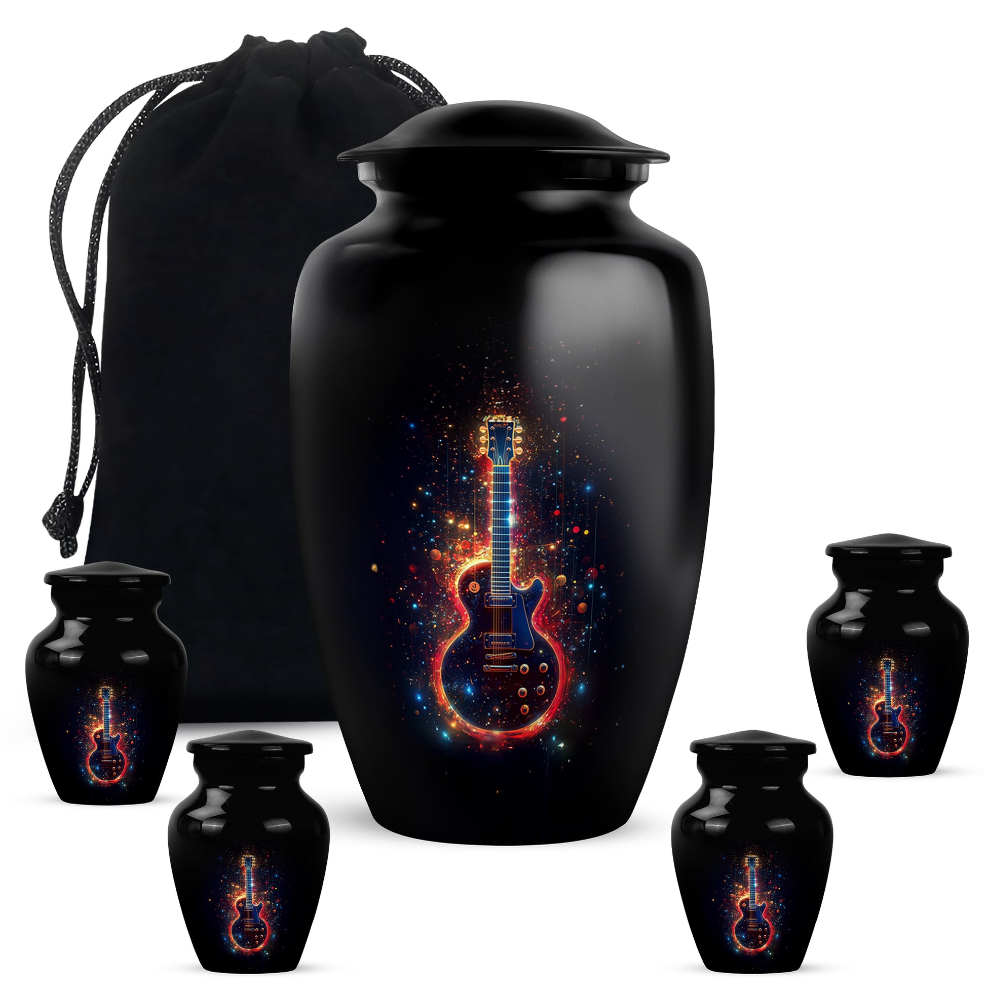 Onyx Black Guitar Cremation Urn top-down view of secure threaded lid - traditional guitar engraving with hand-polished finish - memorial set with one large and four small urns