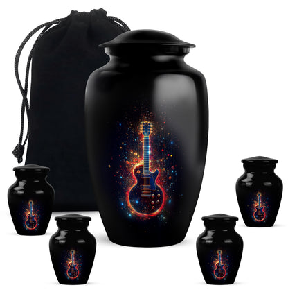 Onyx Black Guitar Cremation Urn top-down view of secure threaded lid - traditional guitar engraving with hand-polished finish - memorial set with one large and four small urns