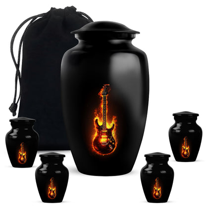 Glossy Black Guitar Cremation Urn top-down view of secure threaded lid - classic sculpted guitar pattern on smooth aluminum - memorial set with one large and four small urns