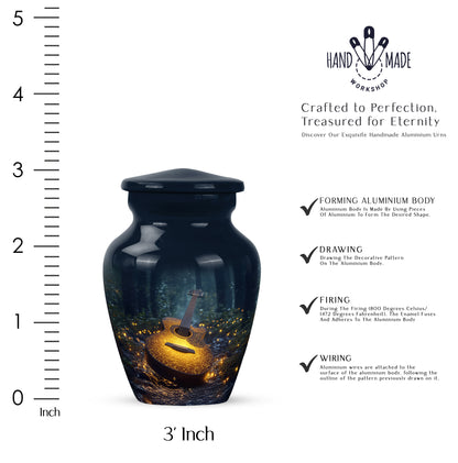 Serene Blue Guitar Cremation Urn close-up of engraving and surface detail - traditional guitar engraving with hand-polished finish - mini keepsake memorial for portion of cremation ashes