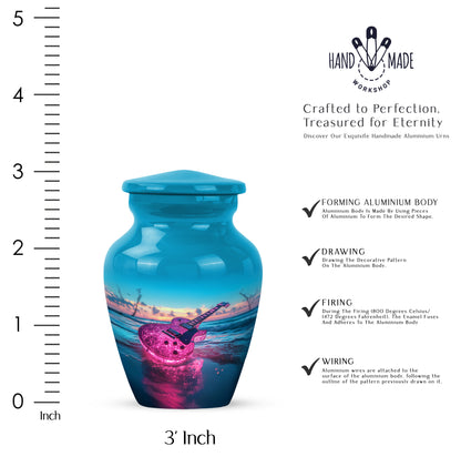 Tropical Teal Guitar Cremation Urn close-up of engraving and surface detail - elegant classic guitar relief with fine detailing - mini keepsake memorial for portion of cremation ashes