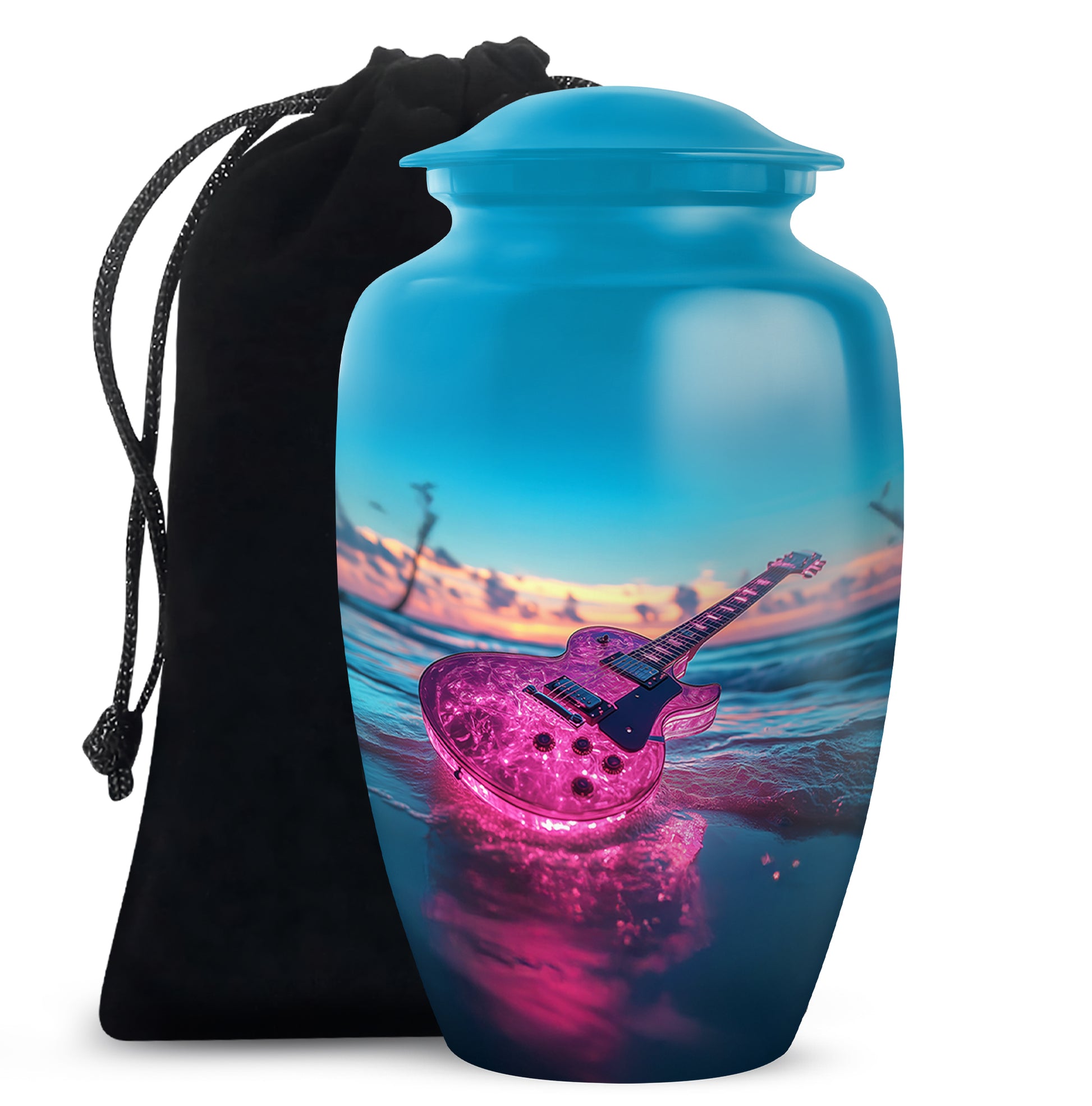 Ocean Teal Guitar Cremation Urn angled view of lid and engraved motif - classic sculpted guitar pattern on smooth aluminum - full-size 10 inch 200 cubic inch adult cremation urn