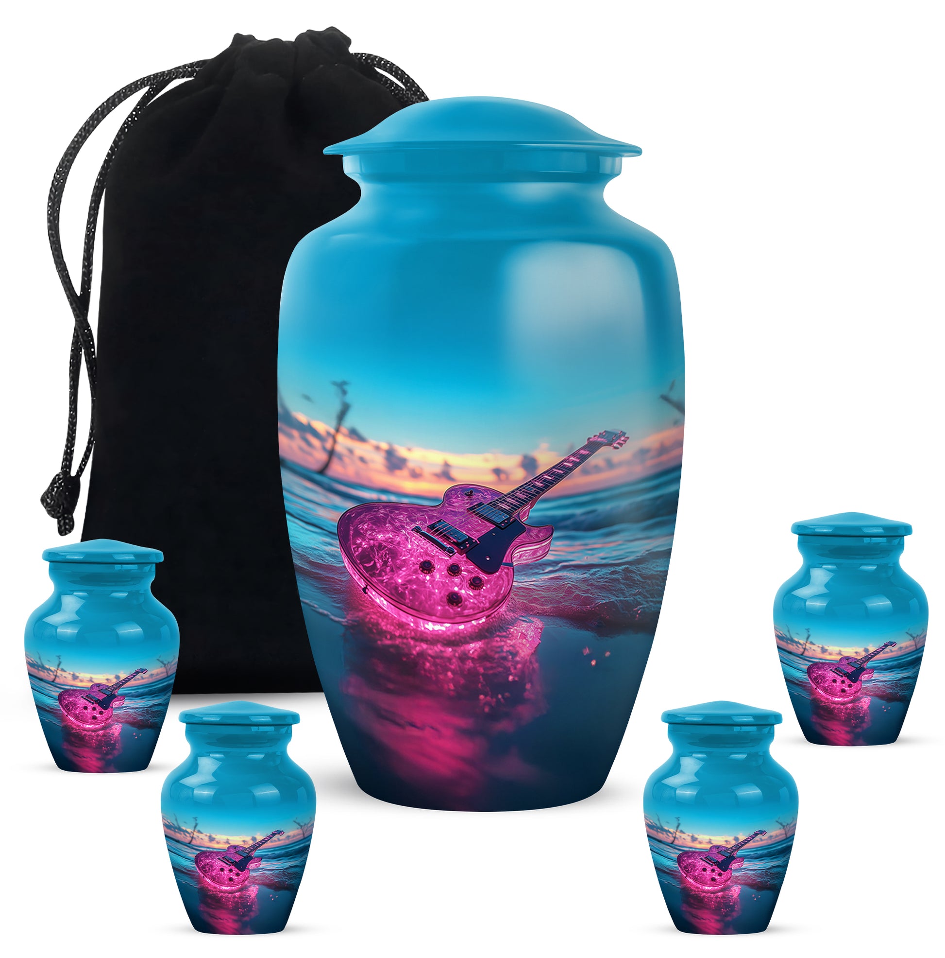 Soft Teal Guitar Cremation Urn top-down view of secure threaded lid - classic sculpted guitar pattern on smooth aluminum - memorial set with one large and four small urns