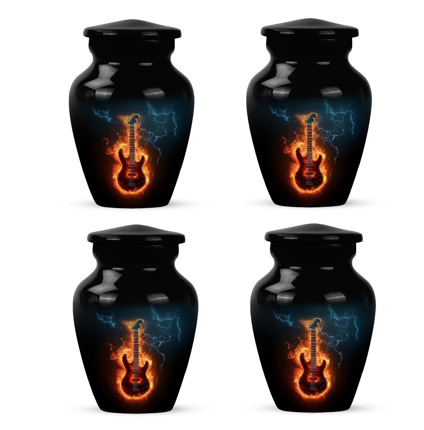 Glossy Black Guitar Cremation Urn side profile showing urn shape - timeless guitar motif etched into premium metal - 10 inch aluminum urn for cremated remains