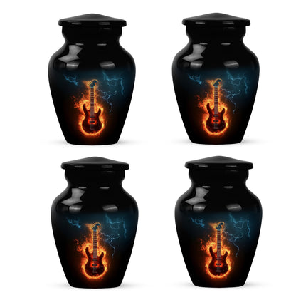 Glossy Black Guitar Cremation Urn side profile showing urn shape - timeless guitar motif etched into premium metal - 10 inch aluminum urn for cremated remains