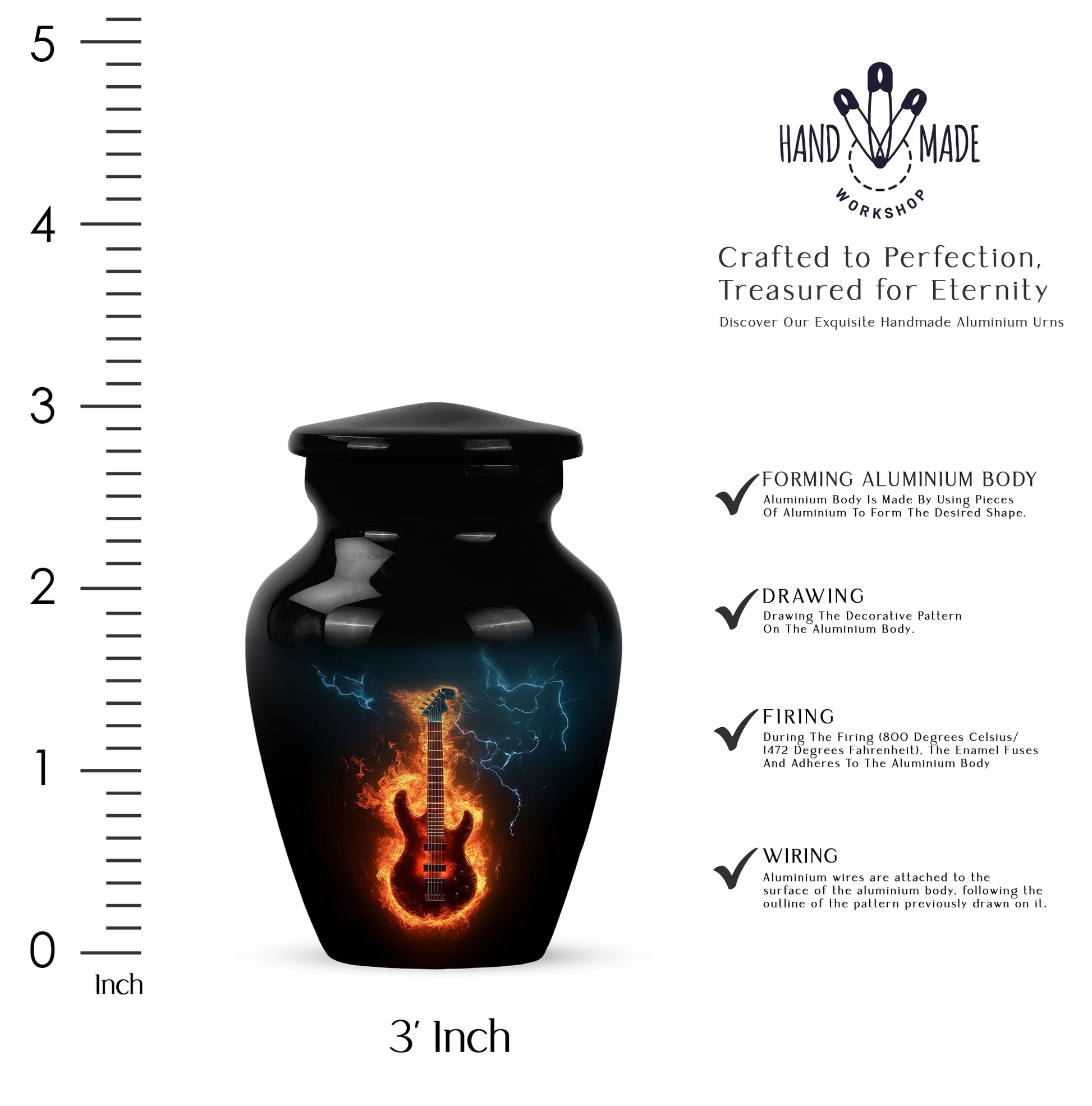 Onyx Black Guitar Cremation Urn close-up of engraving and surface detail - elegant classic guitar relief with fine detailing - mini keepsake memorial for portion of cremation ashes