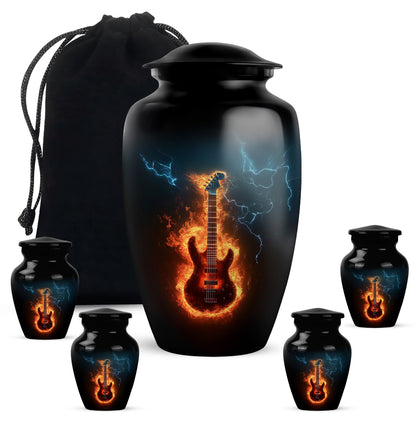 Obsidian Black Guitar Cremation Urn top-down view of secure threaded lid - elegant classic guitar relief with fine detailing - memorial set with one large and four small urns