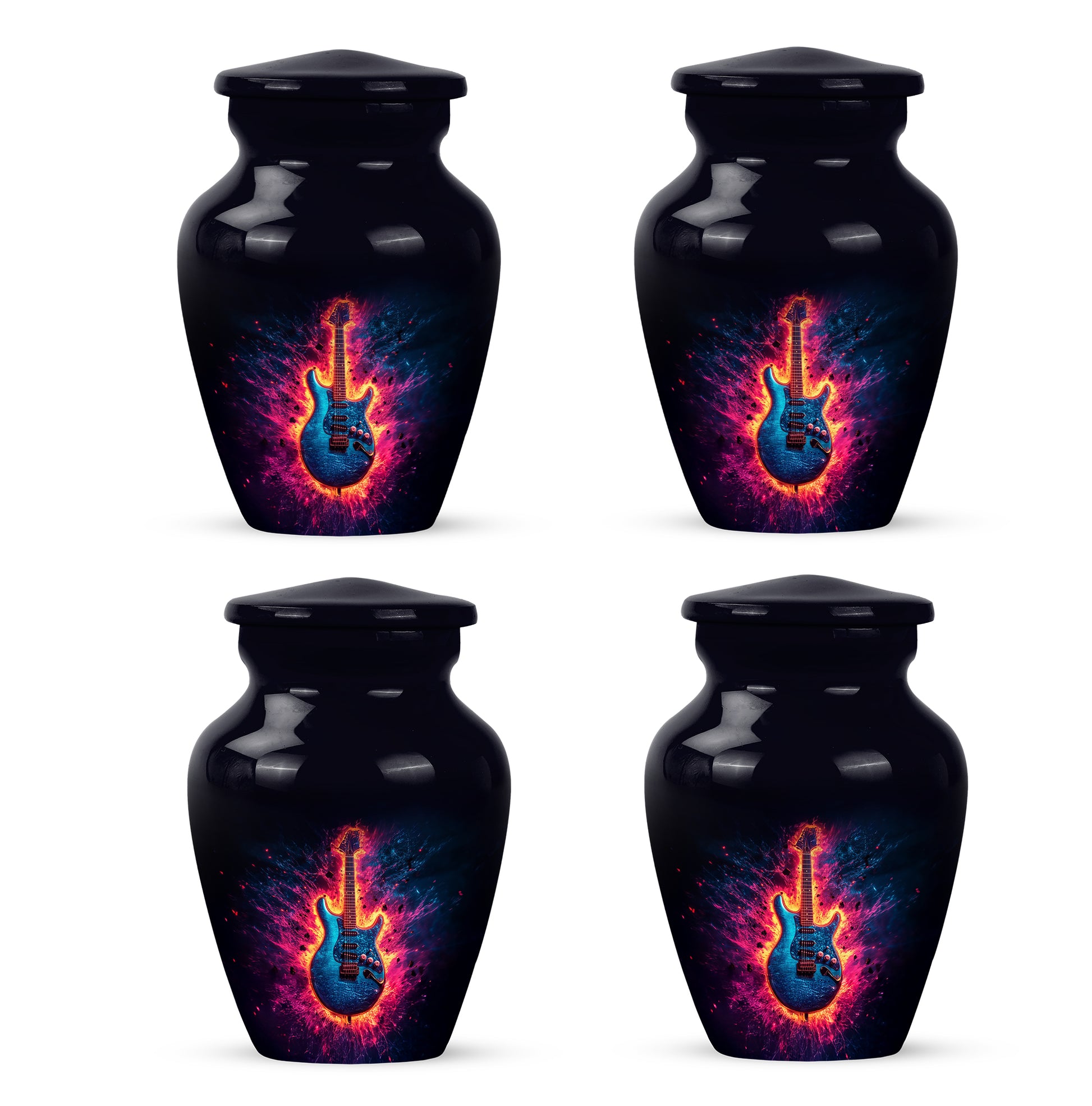 Jet Black Guitar Cremation Urn side profile showing urn shape - timeless guitar motif etched into premium metal - 10 inch aluminum urn for cremated remains