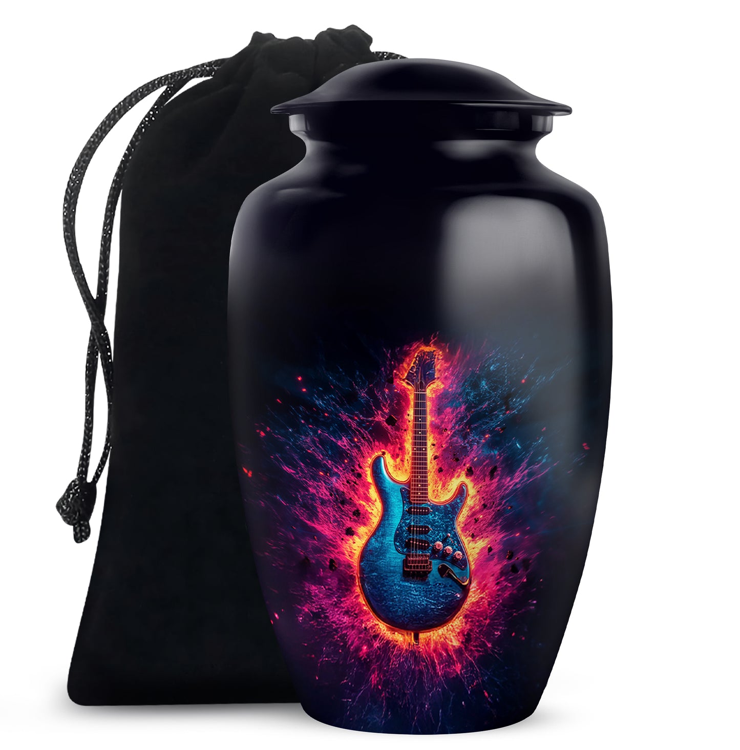 Charcoal Black Guitar Cremation Urn angled view of lid and engraved motif - elegant classic guitar relief with fine detailing - full-size 10 inch 200 cubic inch adult cremation urn