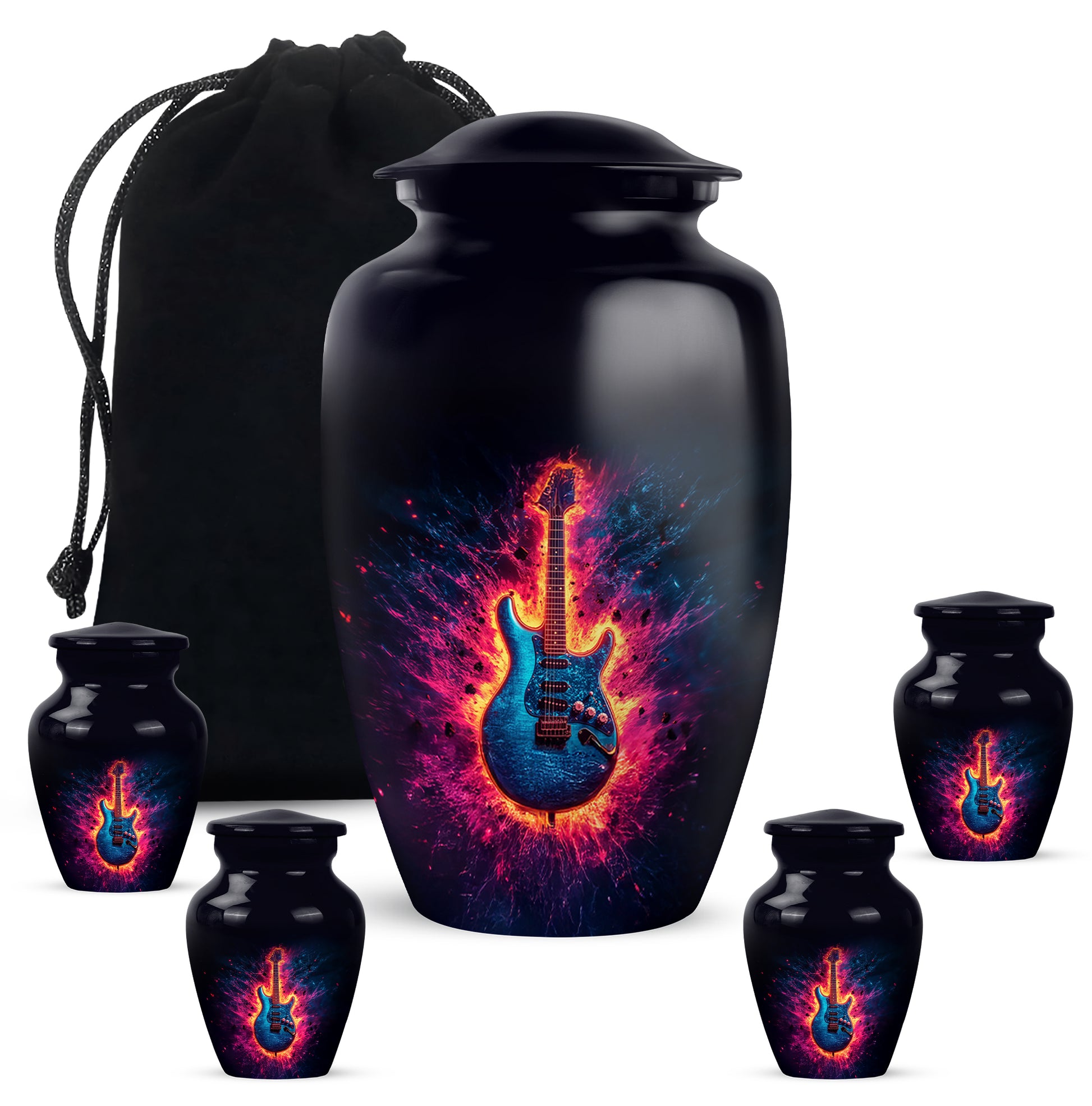 Jet Black Guitar Cremation Urn top-down view of secure threaded lid - classic sculpted guitar pattern on smooth aluminum - memorial set with one large and four small urns