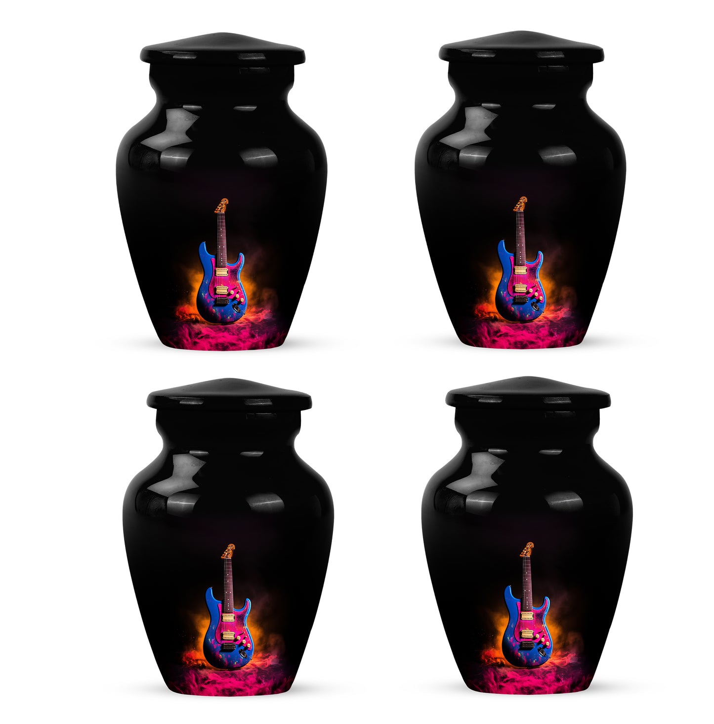 Jet Black Guitar Cremation Urn side profile showing urn shape - timeless guitar motif etched into premium metal - 10 inch aluminum urn for cremated remains