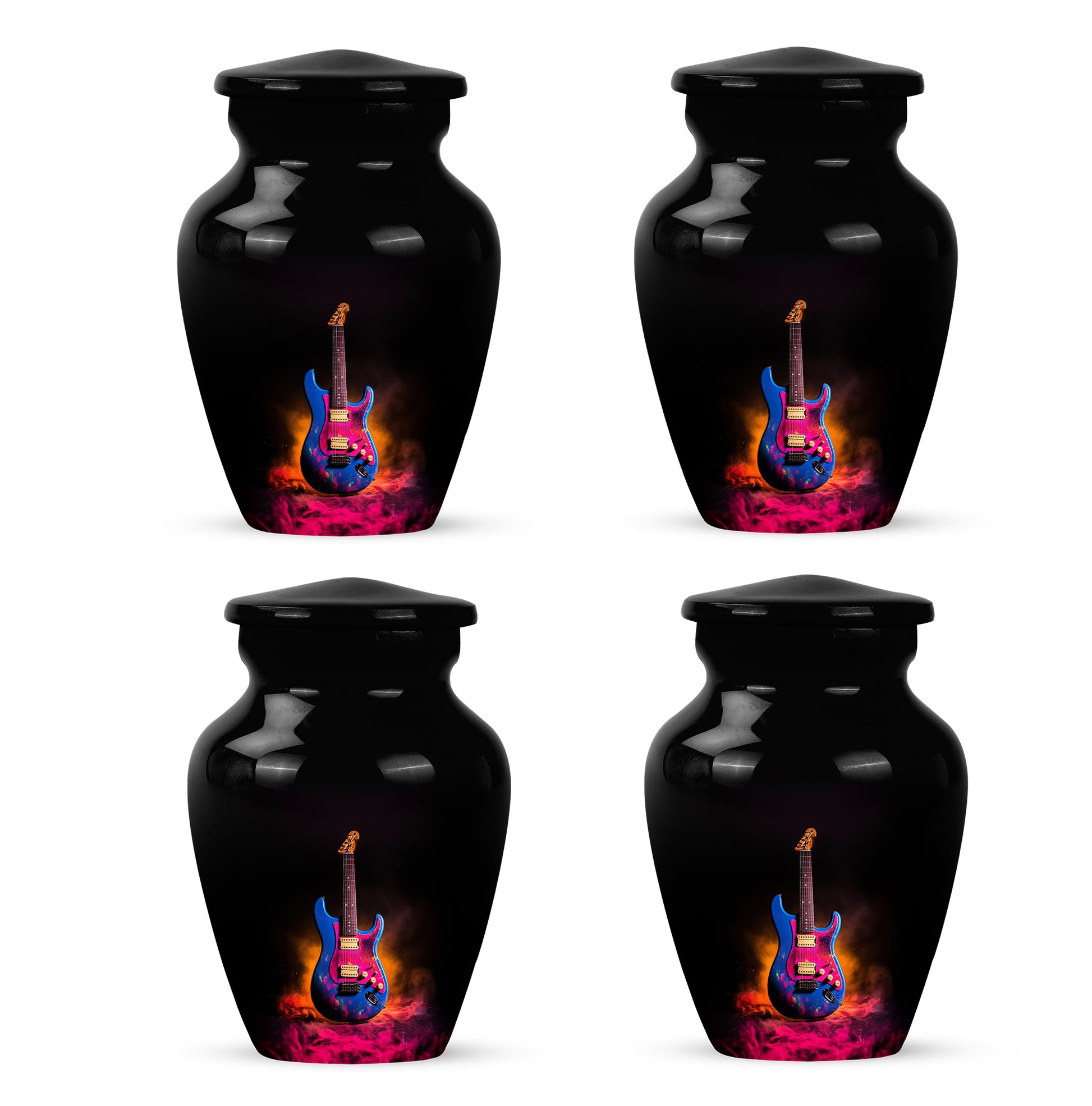 Jet Black Guitar Cremation Urn side profile showing urn shape - timeless guitar motif etched into premium metal - 10 inch aluminum urn for cremated remains